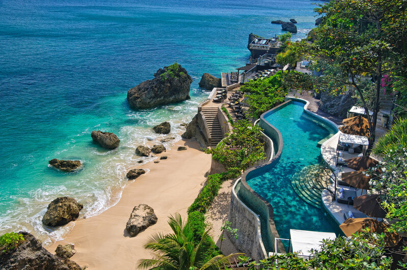 Cliffside Resort Pool — Blue, Serene, Afternoon