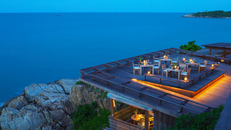 Cliffside Restaurant at Dusk — Blue
