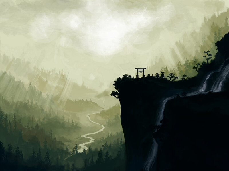 Cliffside shrine in misty valley