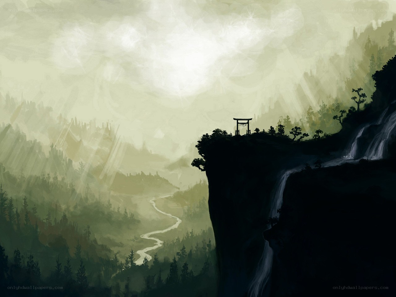 Cliffside shrine in misty valley