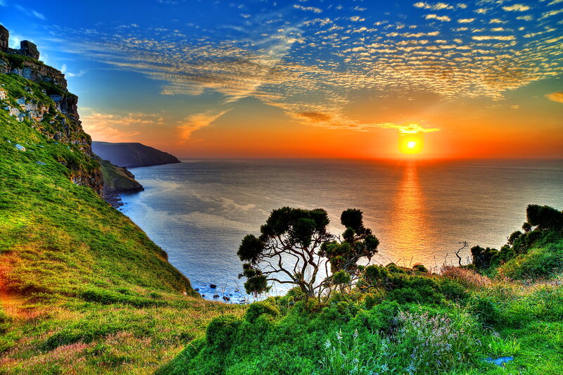 Cliffside Sunset over Ocean — Blue