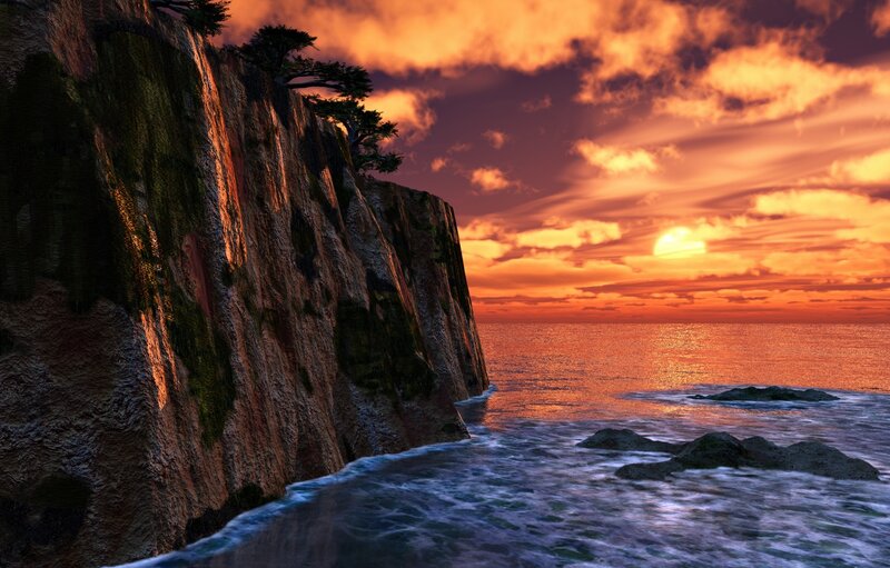 Cliffside Sunset over Ocean — Orange, Dramatic