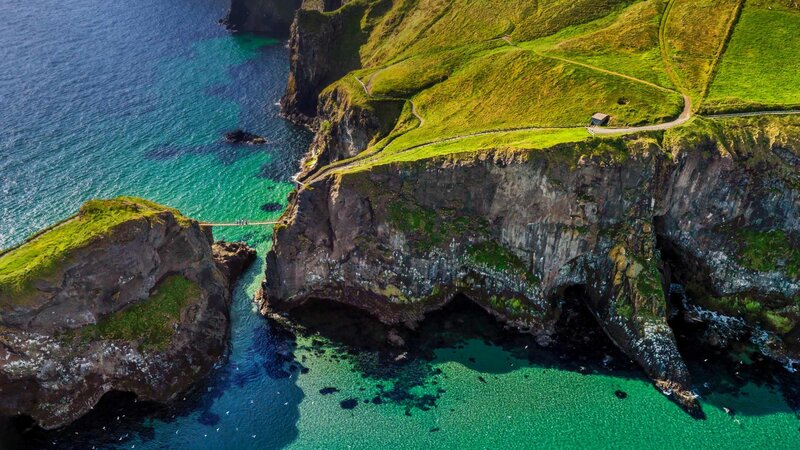 Cliffside Suspension Bridge — Green, Dramatic, Afternoon