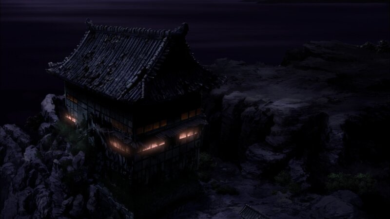 cliffside temple at night