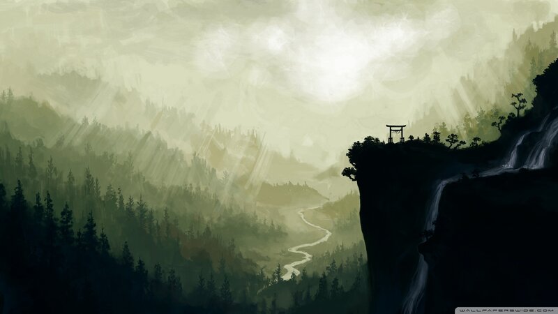 Cliffside Torii Gate — Green, Serene, Morning, Digital Art, River