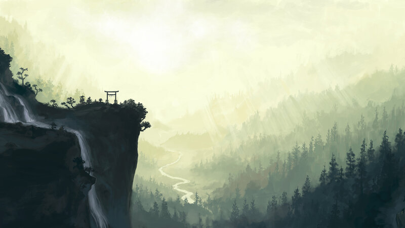 Cliffside Torii Gate — Green, Serene, Morning, Digital Art, Waterfall, River, Forest