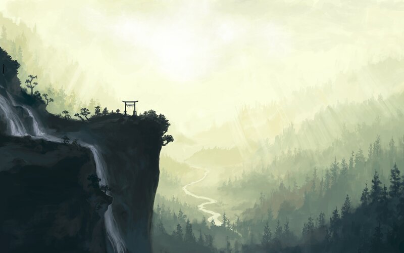 Cliffside Torii Gate — Green, Serene, Morning, Digital Art, Waterfall, River