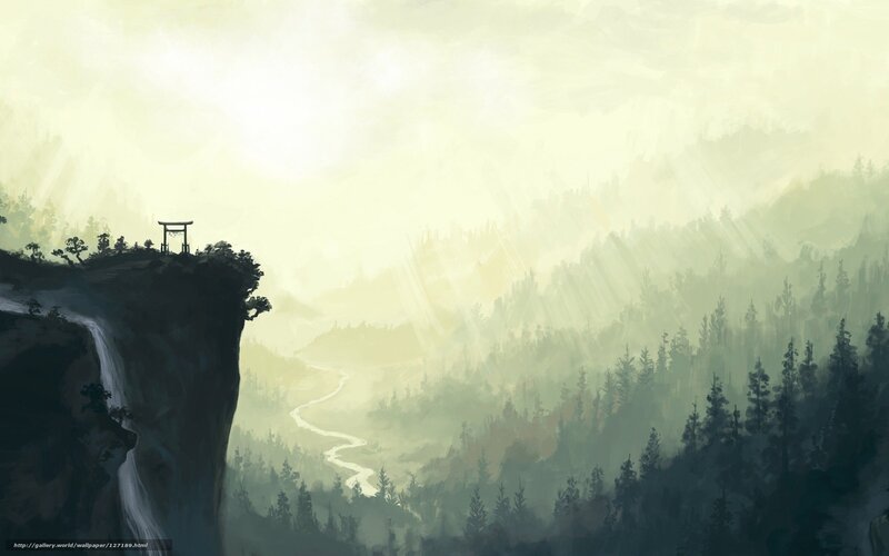 Cliffside Torii Gate — Green, Serene, Morning