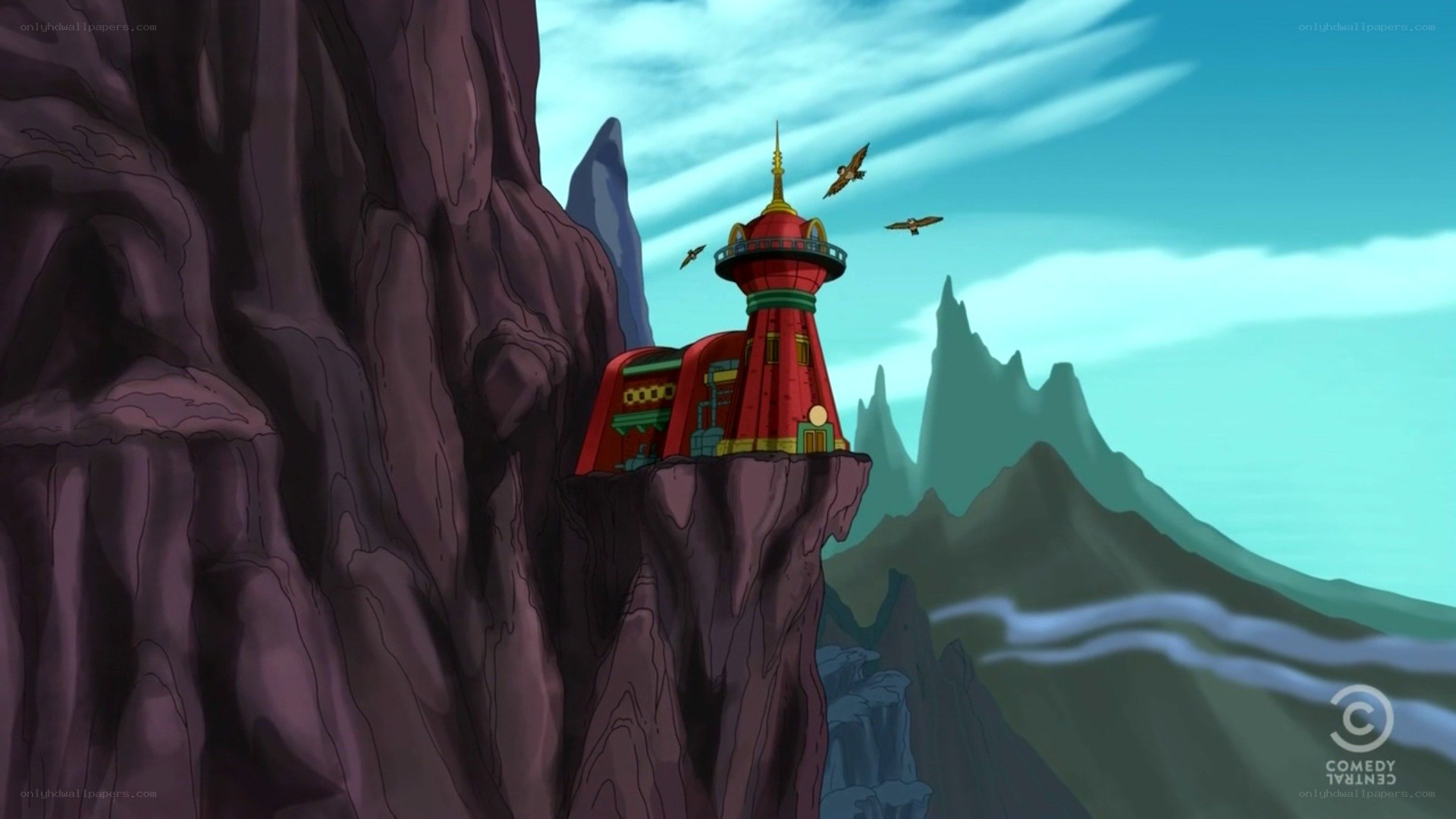 cliffside tower with birds