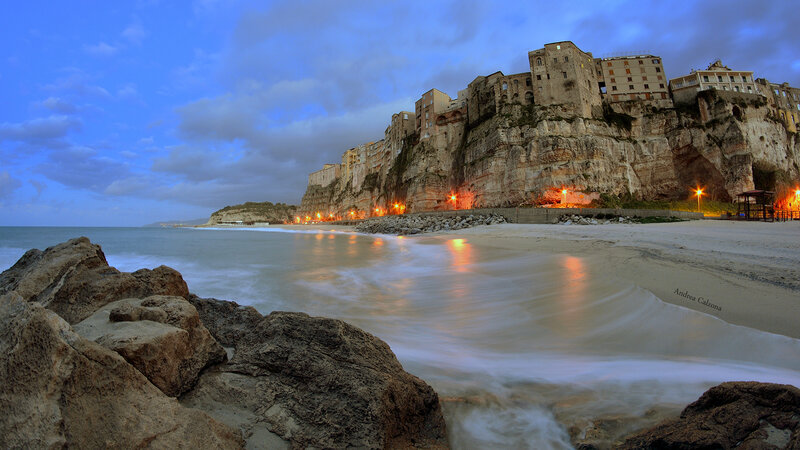 Cliffside Town at Dusk — Blue, Dramatic