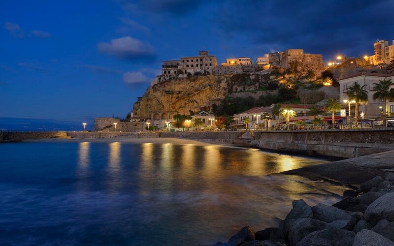 Cliffside Town at Dusk — Blue, Serene, Night
