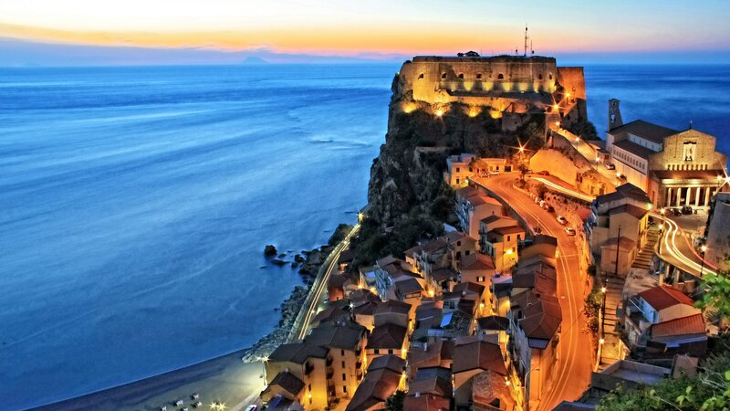 Cliffside Town at Dusk — Blue, Serene