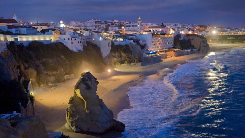 Cliffside Town at Night — Blue, Serene, Photograph, Beach
