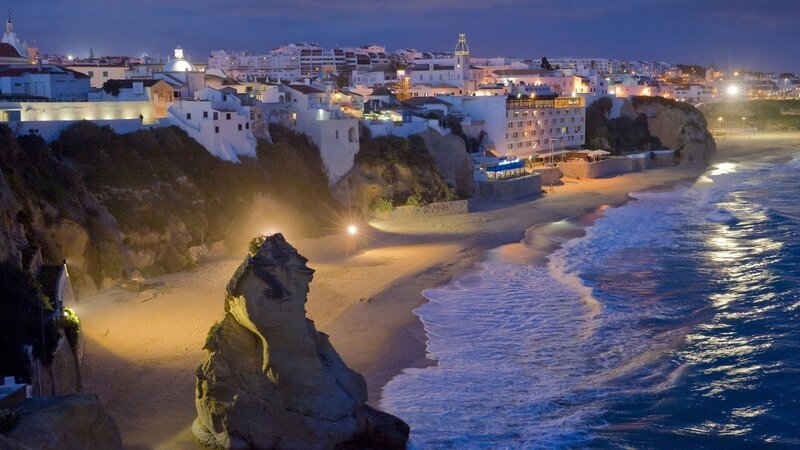 Cliffside Town at Night — Blue, Serene, Photograph