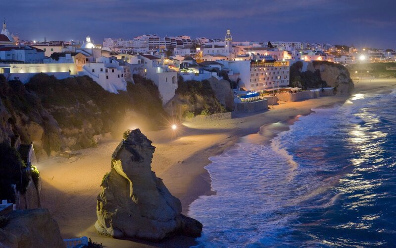 Cliffside Town at Night — Blue, Serene