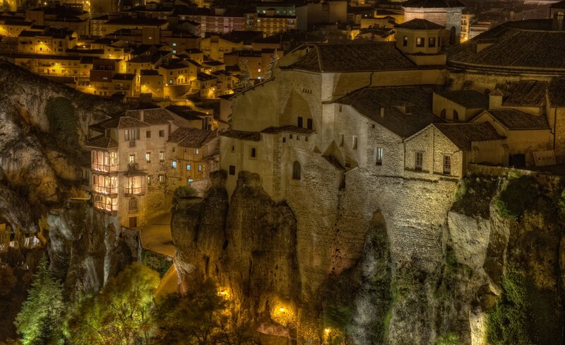 Cliffside town at night