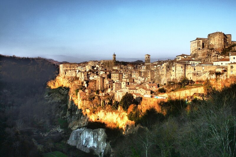 Cliffside Town at Sunset — Blue, Dramatic, Photograph, Buildings