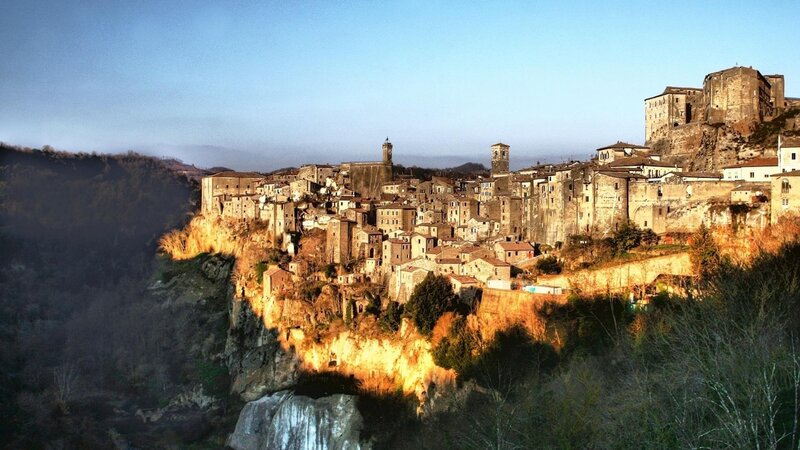Cliffside Town at Sunset — Blue, Dramatic, Photograph