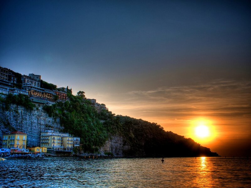 Cliffside Town at Sunset — Blue, Dramatic