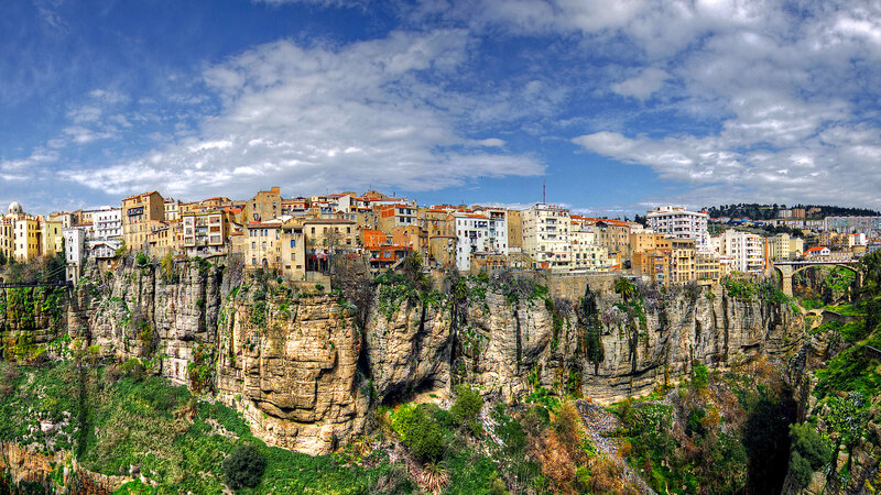 Cliffside Town Buildings — Blue, Dramatic, Afternoon, Photograph