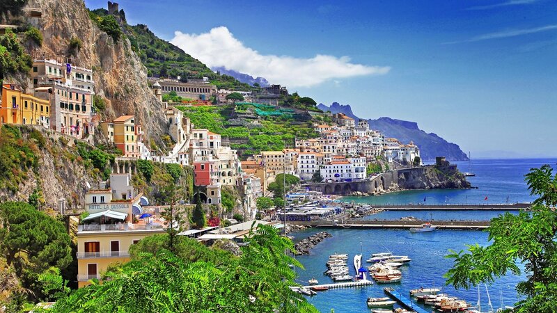 Cliffside Town by Sea — Blue, Serene, Afternoon, Photograph, Harbor