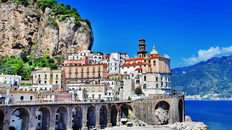 Cliffside Town by Sea — Blue, Serene, Afternoon, Photograph, Mountain