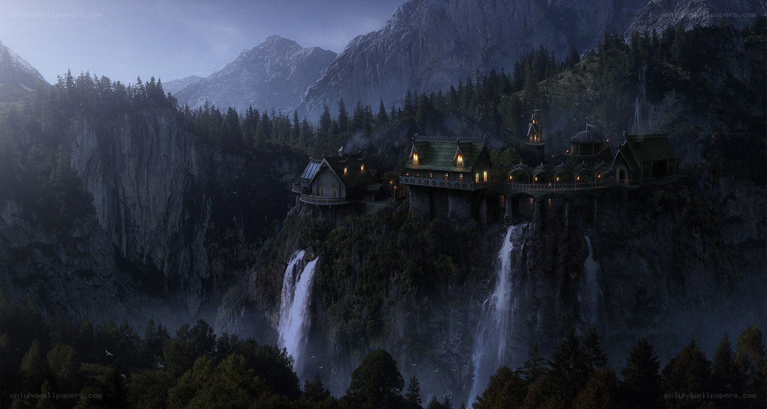cliffside village at dusk