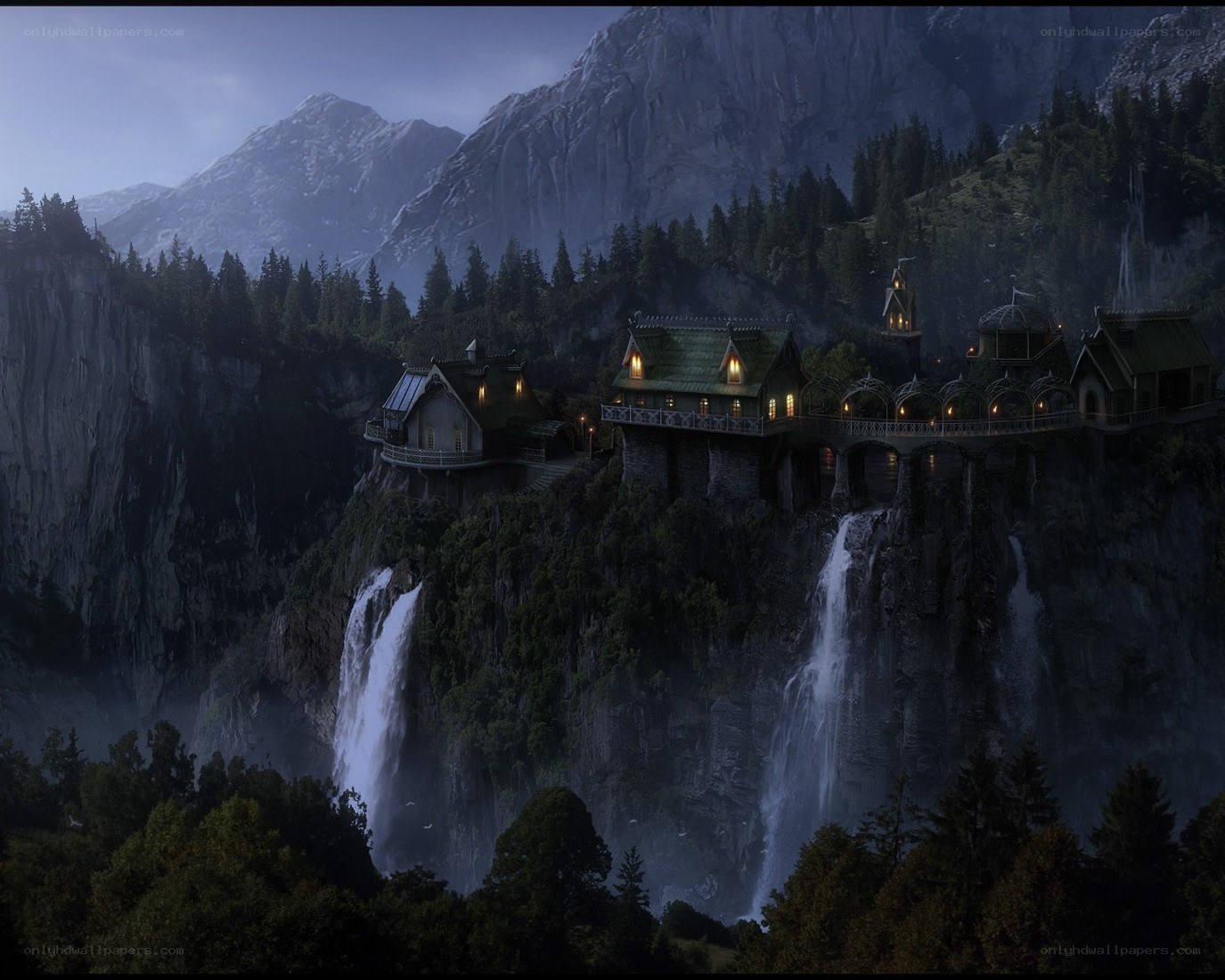 cliffside village at dusk