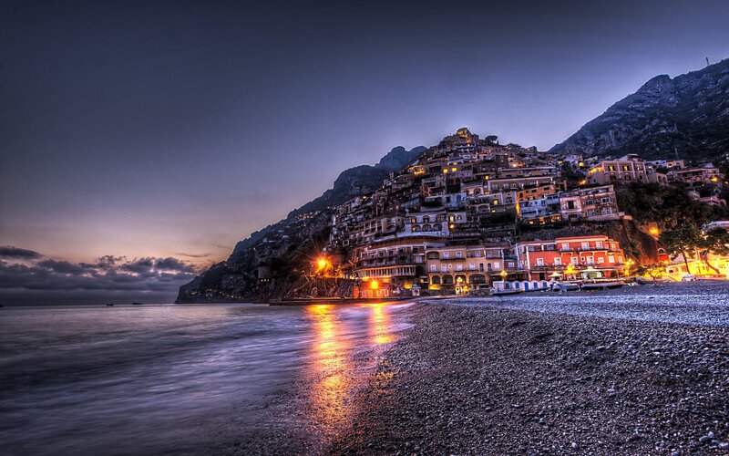 Cliffside Village at Dusk — Blue, Dramatic, Night