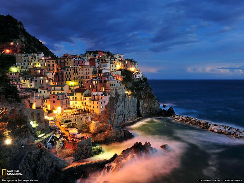 Cliffside Village at Dusk — Blue, Dramatic