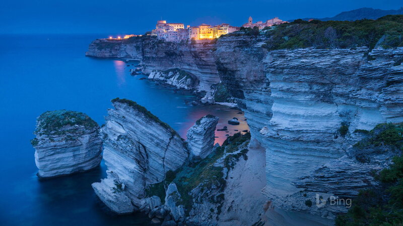 Cliffside Village at Dusk — Blue, Serene, Night, Photograph, Sea