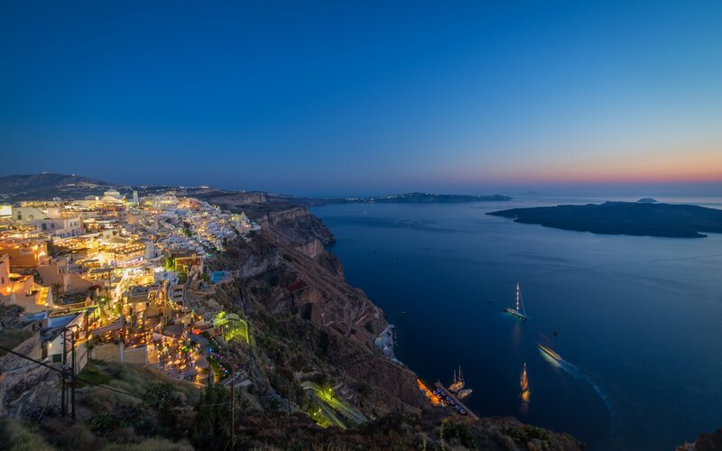 Cliffside Village at Dusk — Blue, Serene, Night