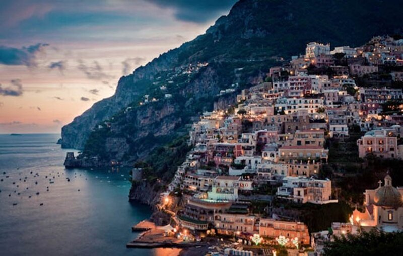 Cliffside Village at Dusk — Blue, Serene