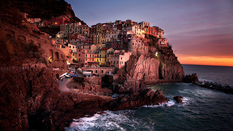 Cliffside Village at Dusk — Purple, Dramatic