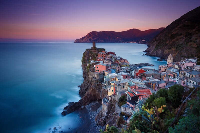 Cliffside Village at Dusk — Purple, Serene