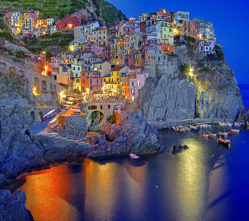 Cliffside Village at Night — Blue, Dramatic, Photograph, Buildings