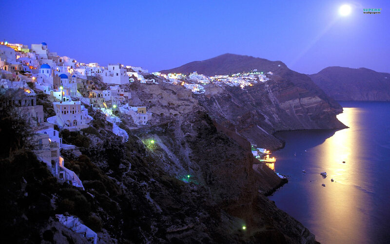 Cliffside Village at Night — Blue, Serene