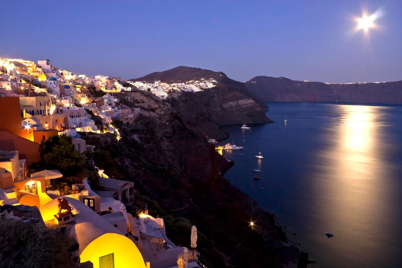 Cliffside Village at Night — Blue