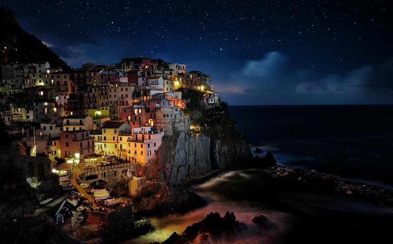 Cliffside Village at Night — Dark Blue
