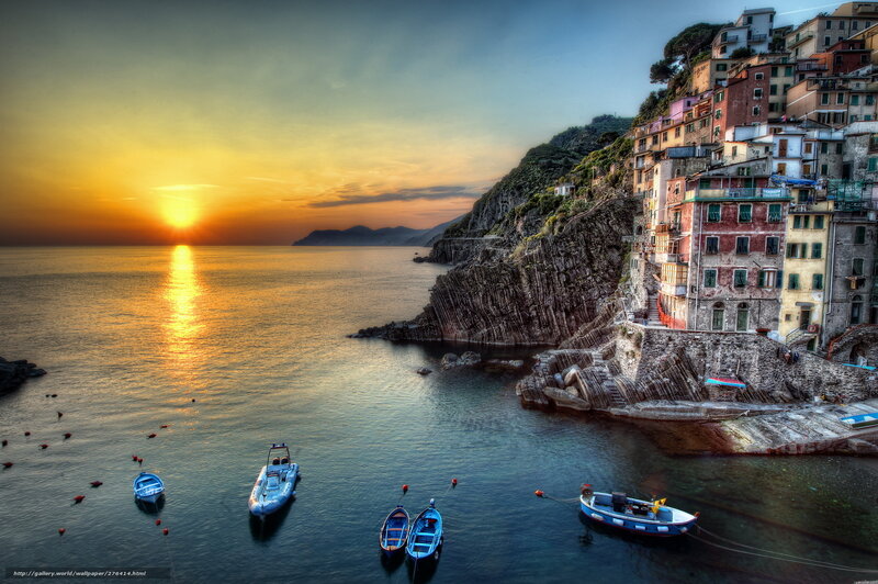 Cliffside Village at Sunset — Blue, Serene