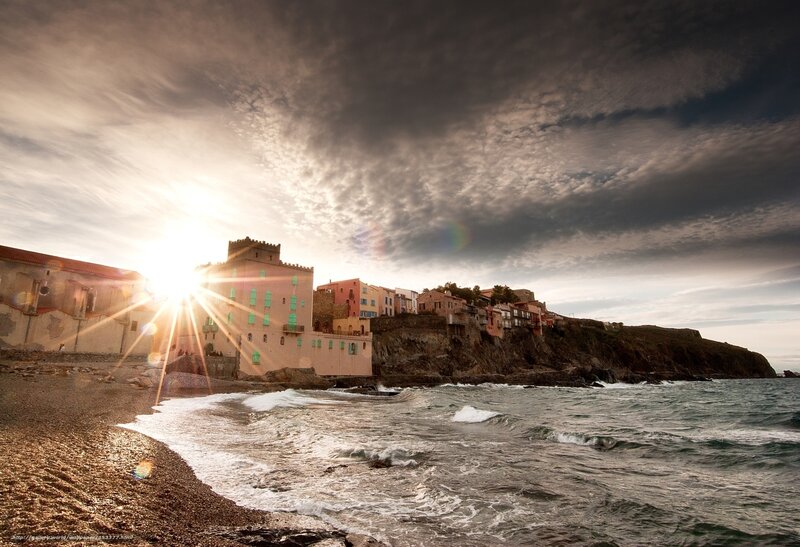 Cliffside Village at Sunset — Brown, Dramatic