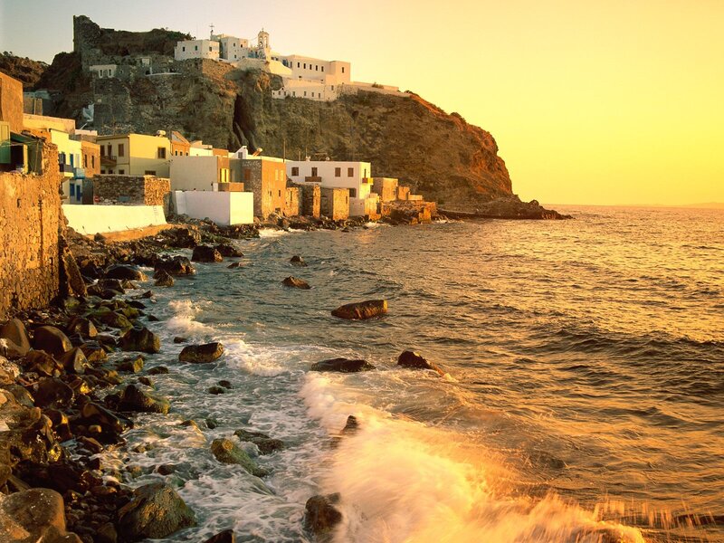 Cliffside Village at Sunset — Gold, Serene
