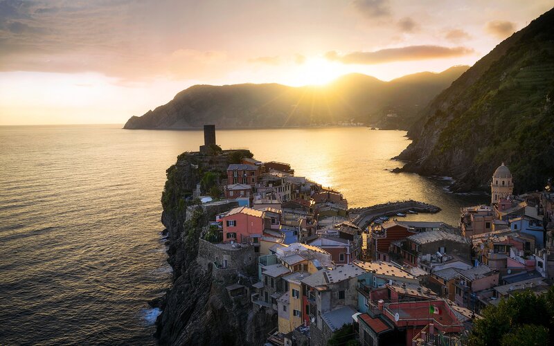 Cliffside Village at Sunset — Gold