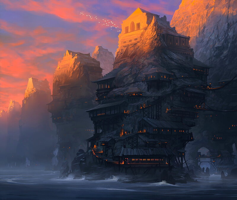 Cliffside Village at Sunset — Orange