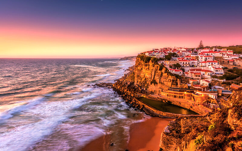 Cliffside Village at Sunset — Purple, Serene