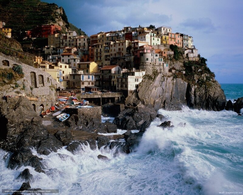 Cliffside Village by Sea — Blue, Dramatic, Afternoon, Photograph, Buildings, Rocks