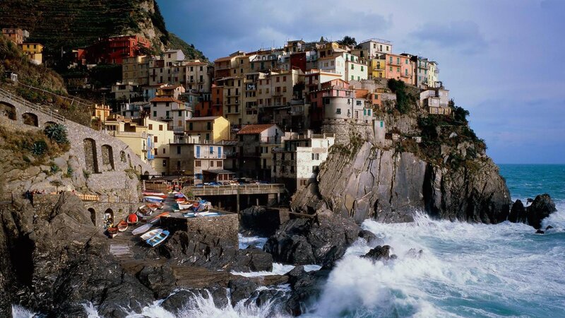 Cliffside Village by Sea — Blue, Dramatic, Afternoon, Photograph