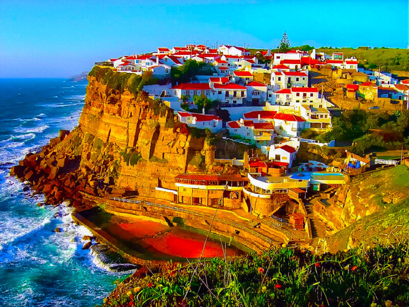 Cliffside Village by Sea — Blue, Dramatic, Afternoon