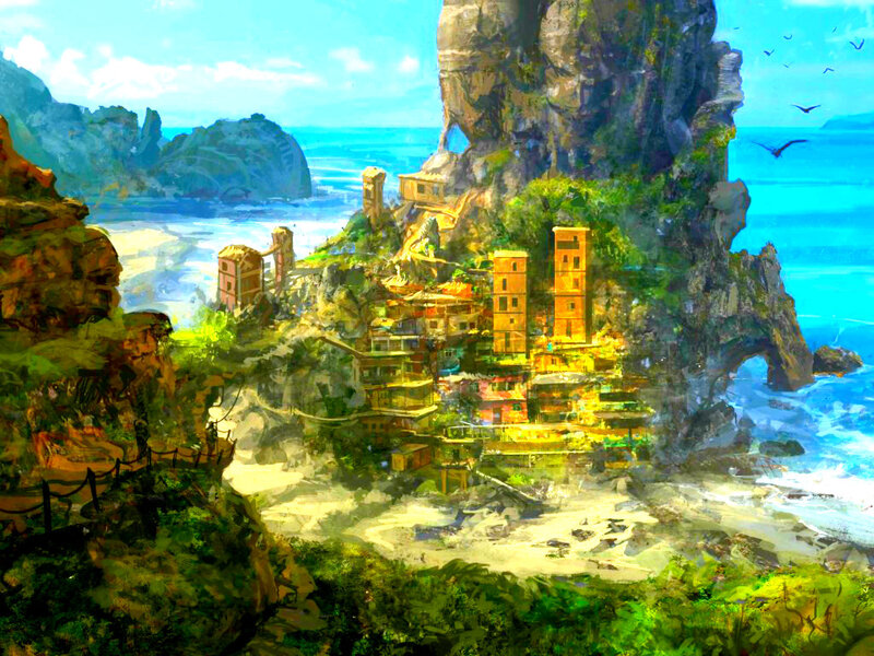 Cliffside Village by Sea — Blue, Serene, Afternoon, Digital Art