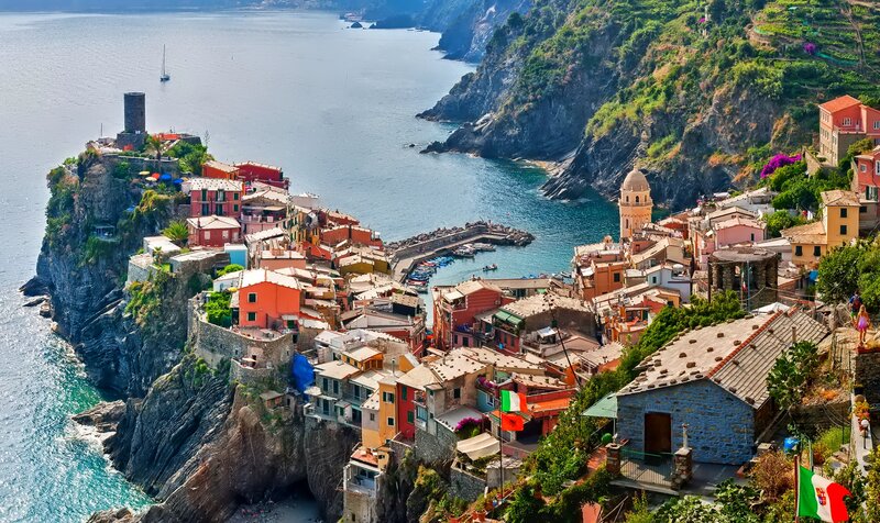 Cliffside Village by Sea — Blue, Serene, Afternoon, Photograph, Mountain